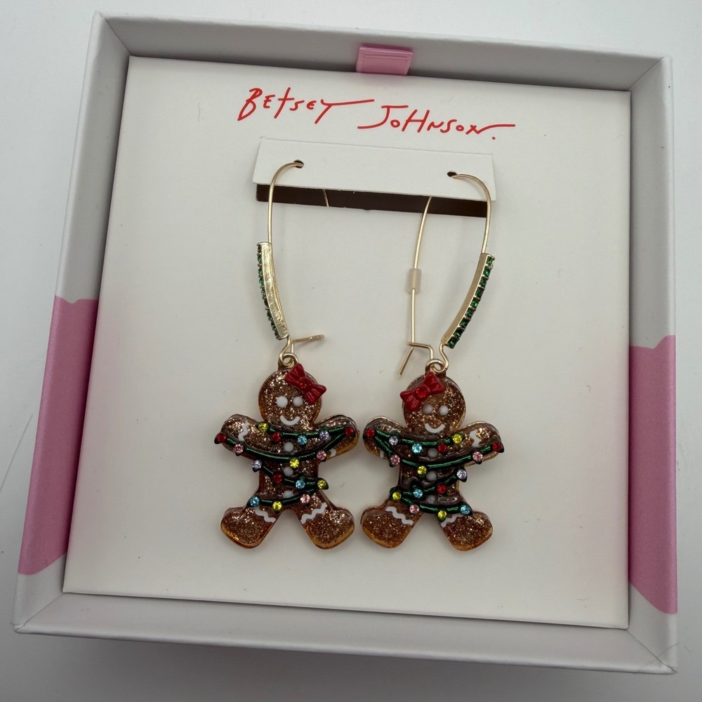 NEW Betsey Johnson Christmas Gingerbread Dangle Earrings Crystal Santa Holiday - Picture 4 of 4